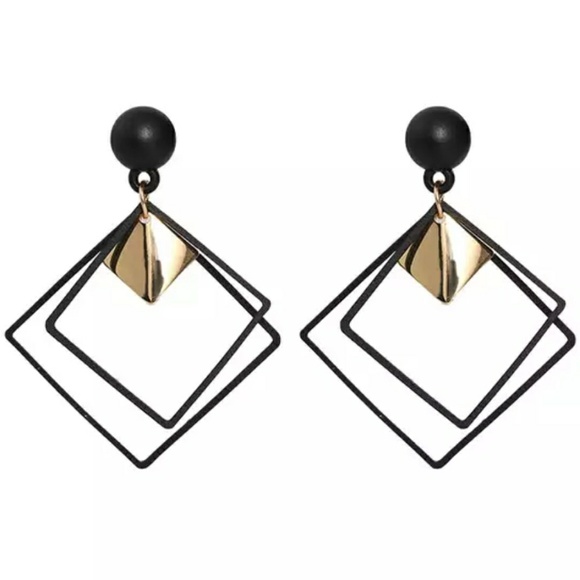 Black & Gold Tone Dangle Multi Square Earrings - Picture 2 of 8